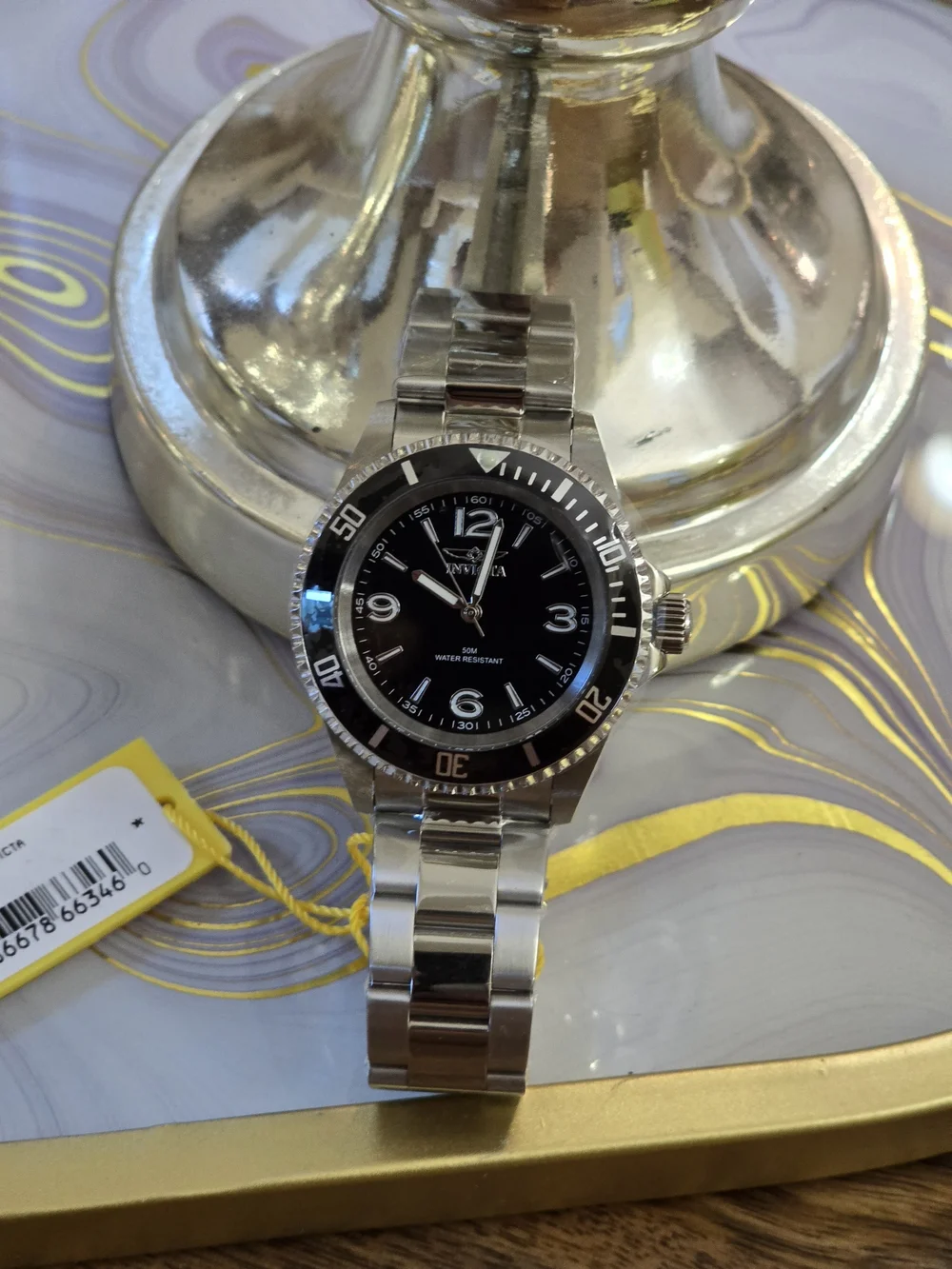 Invicta Silver Stainless Steel Watch with Black Dial and Bezel